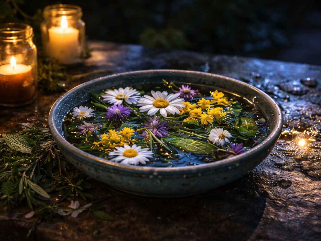 Acqua di San Giovanni — bowl of flowers and herbs left outdoors overnight on the eve of June 24 in Italian tradition