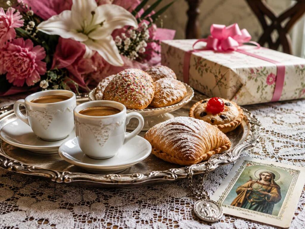Italian onomastico celebration — pastries coffee flowers and the warmth of being remembered on your name day