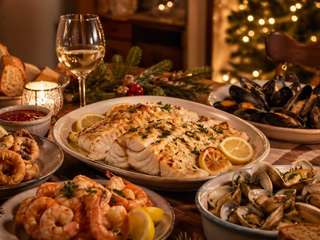 Feast of the Seven Fishes spread on a Christmas Eve table