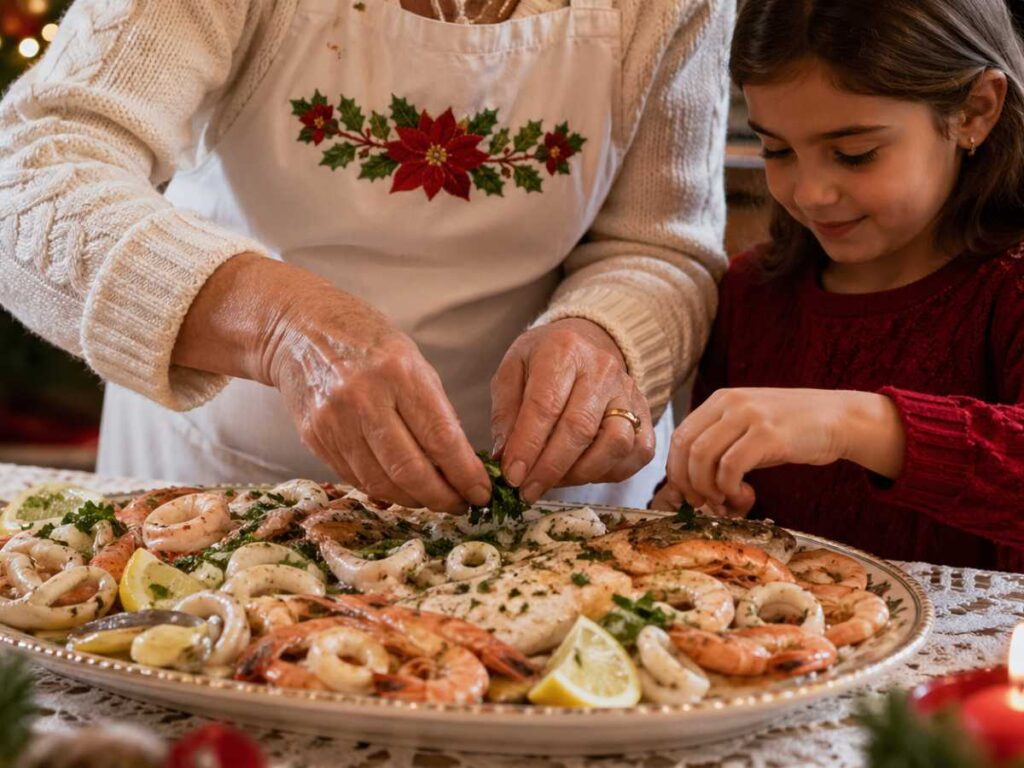 Multiple fish dishes on an Italian Christmas Eve table