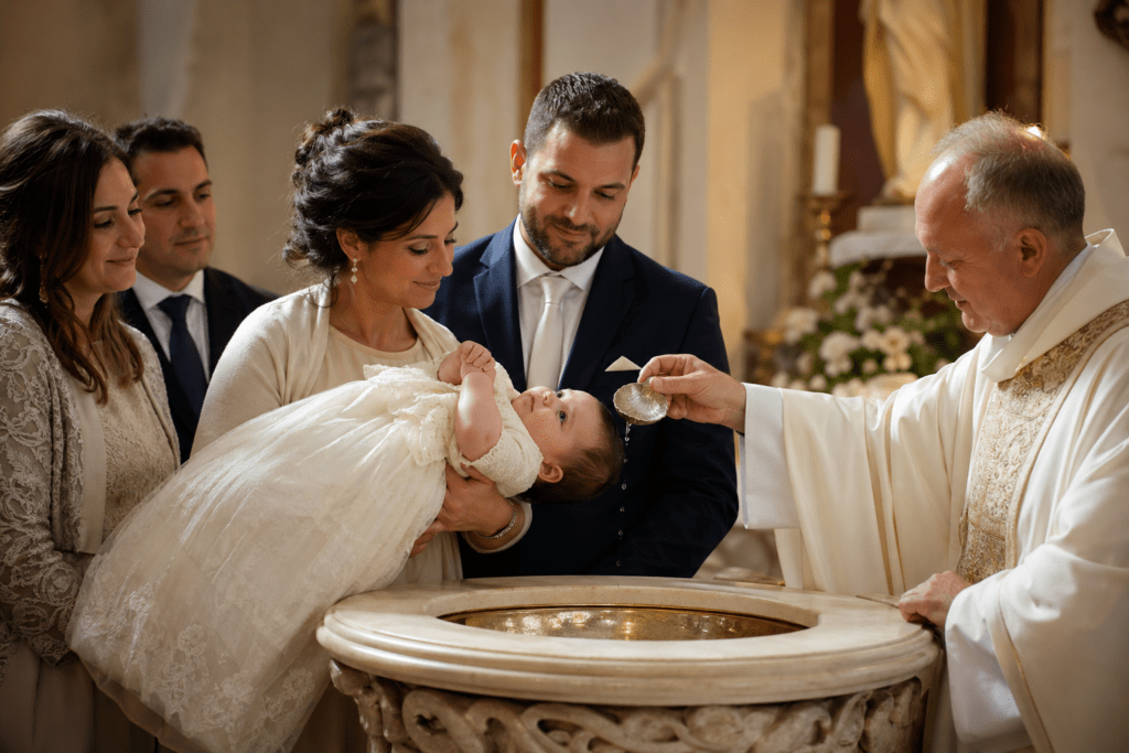 Italian baptism traditions — the family gathered around the baptismal font for a Catholic ceremony