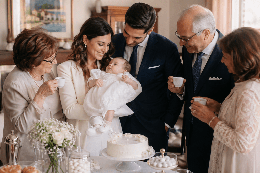 Italian baptism traditions — godparents and parents standing at the baptismal font during a Catholic ceremony