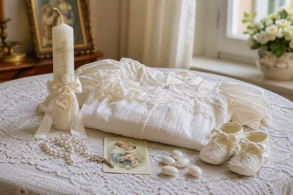Italian baptism traditions — white baptism gown and candle, symbols of new life and faith