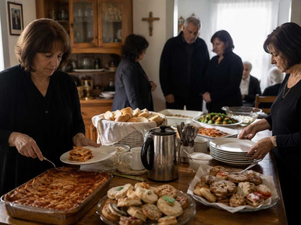 Italian funeral traditions — the family and community gathering to mourn together and support the bereaved household