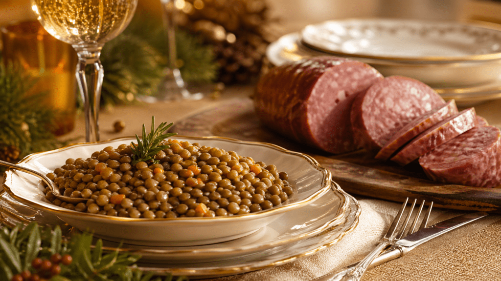 Capodanno Italian New Year's Day lucky foods — lentils cotechino and the Capodanno lunch table on January 1