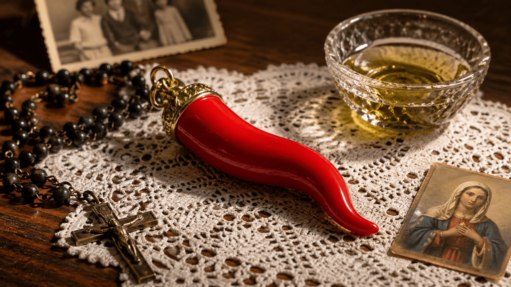 Cornicello — Italian lucky horn charm for protection against malocchio and the evil eye, worn on a chain