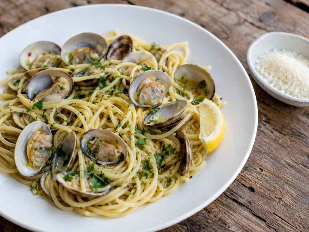 Cheese on seafood pasta (Italian)
