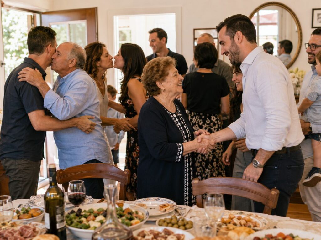 Italian double kiss - kiss on both cheeks when greeting guests.