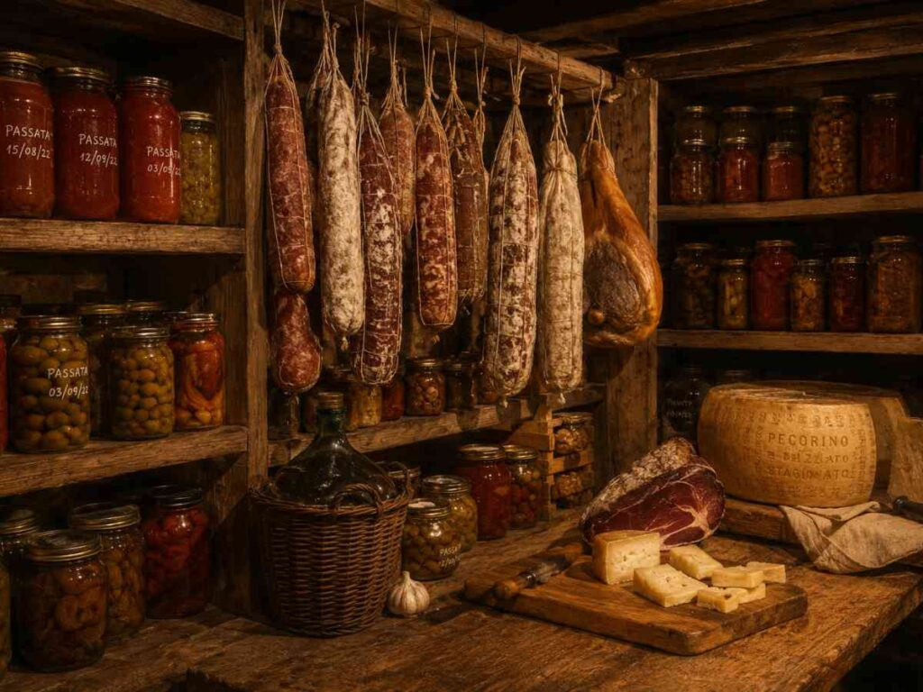 Italian cantina with soppressata and capicolo hanging from ceiling, passata jars on shelves, demijohns of wine