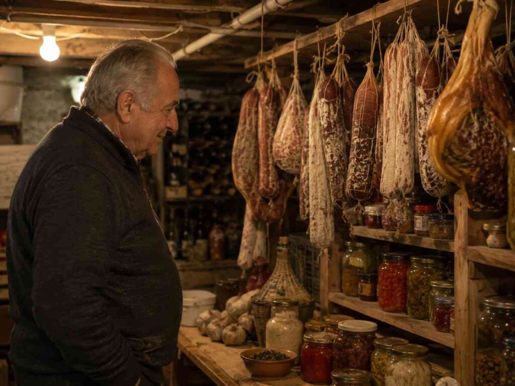 Wooden shelves in Italian cantina lined with homemade passata jars dated by year, aged Pecorino cheese, demijohn
