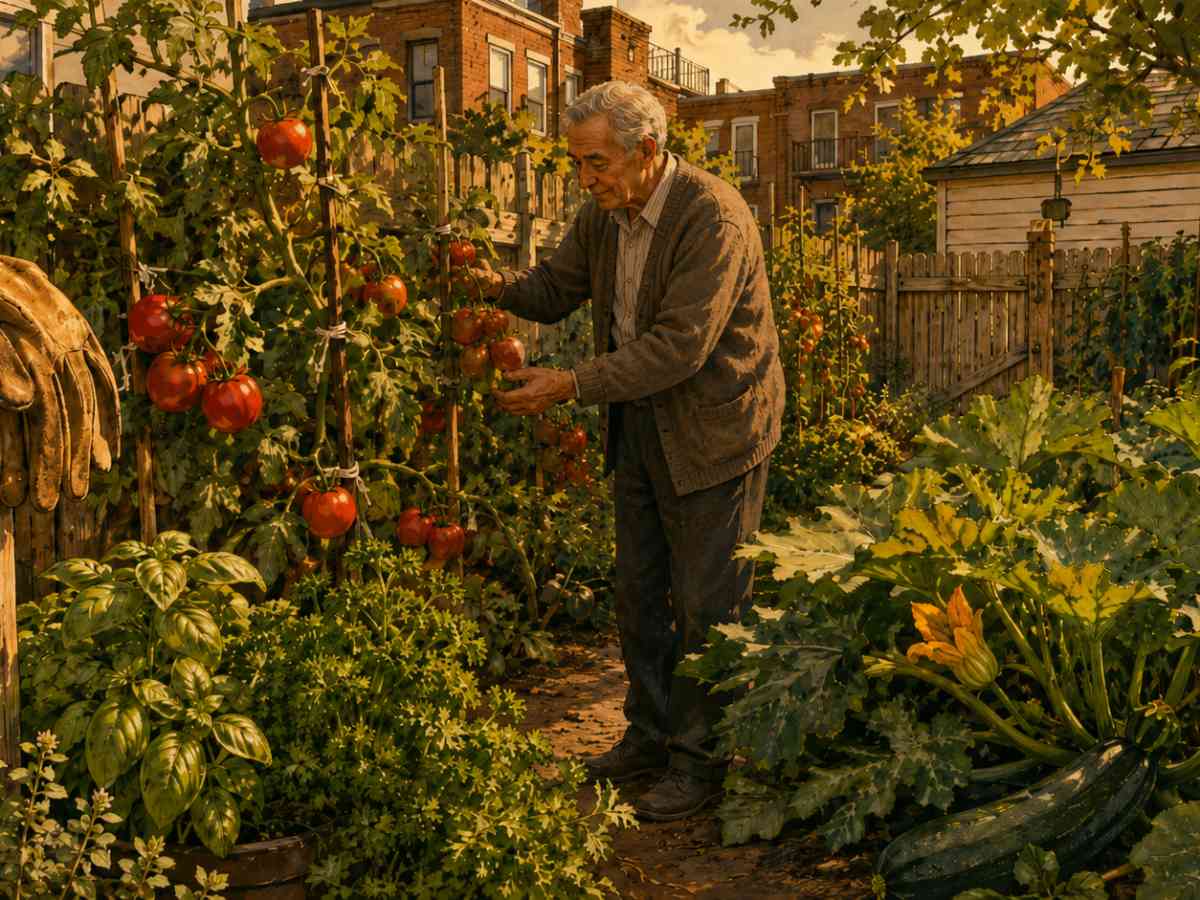 Italian vegetable garden with tomatoes and zucchini against a fence.