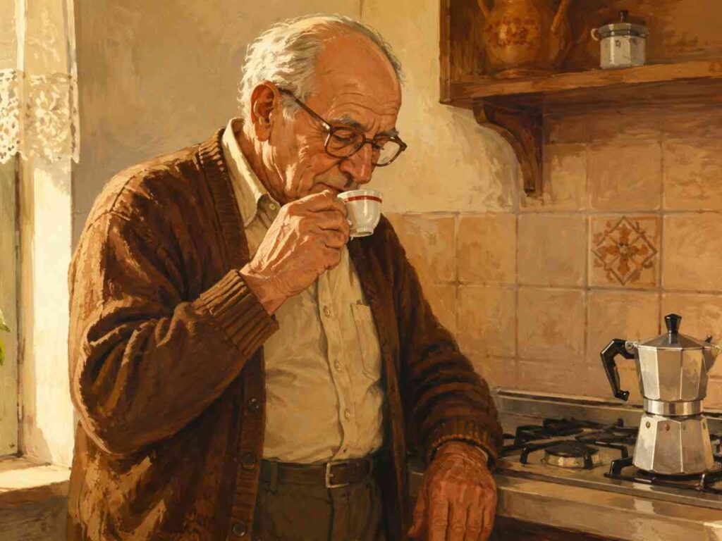 Italian grandfather drinking espresso at kitchen counter