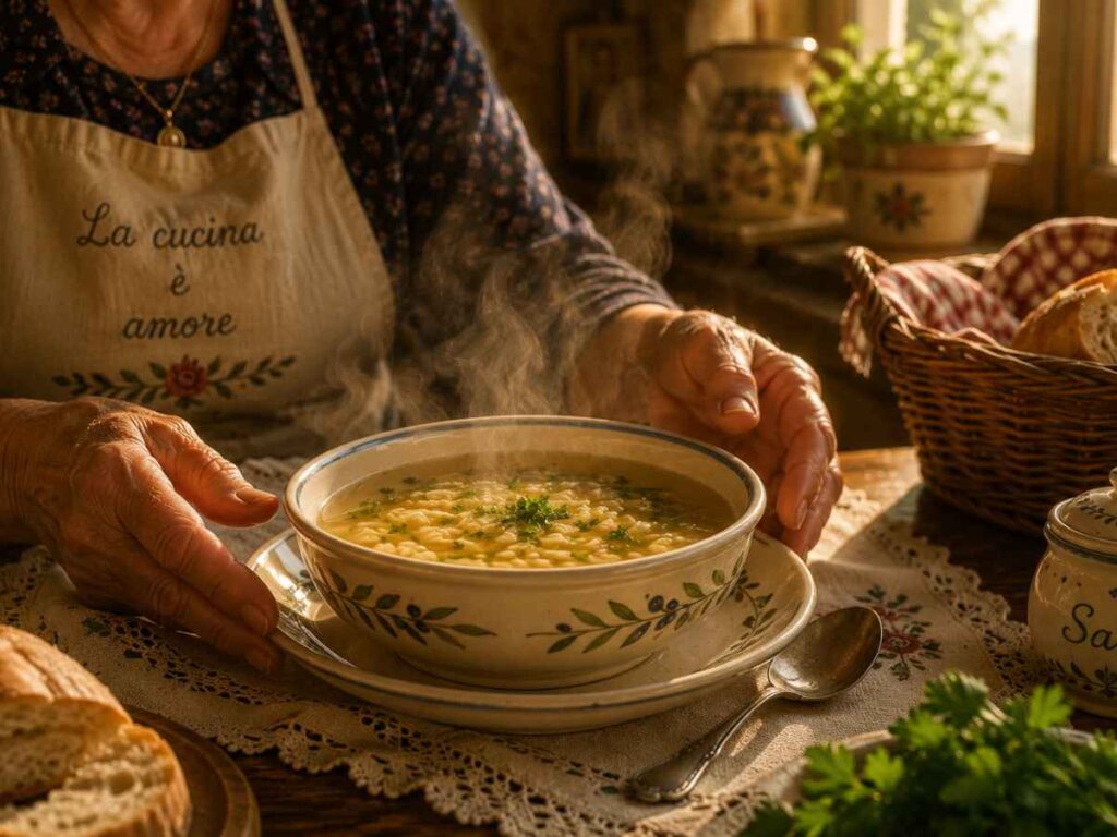 A warm bowl of Italian chicken broth — the first remedy every Italian grandmother reached for when someone was sick