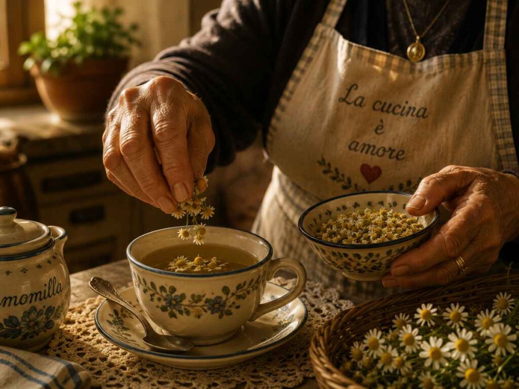 A cup of chamomile tea in a warm Italian kitchen — the gentle Italian grandmother remedy for stomach aches and sleepless nights