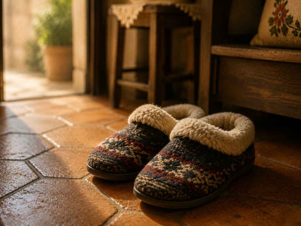 Italian house slippers on a tile floor — an Italian grandmother's non-negotiable rule against bare feet and rheumatism