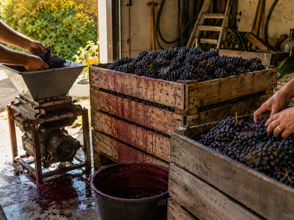 A barrel filled with crushed grapes fermenting into Italian homemade wine