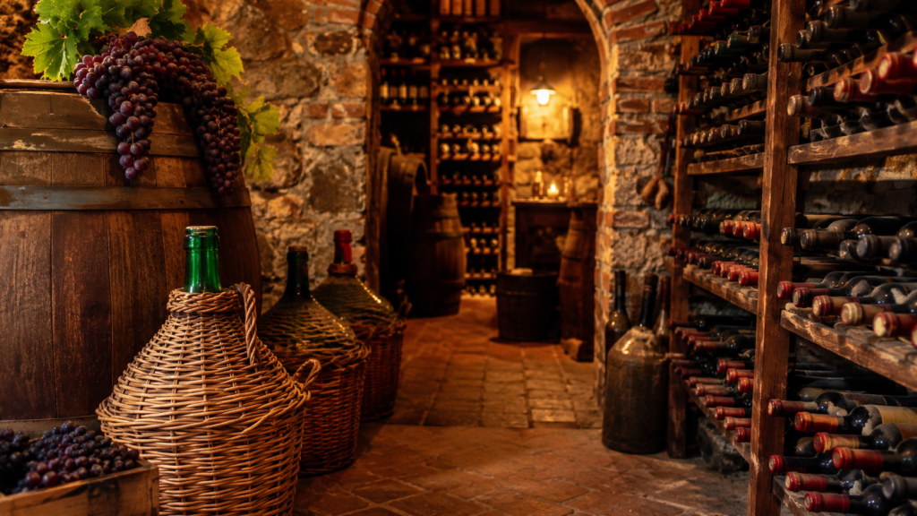 An Italian cantina lined with glass demijohns and bottles of homemade wine