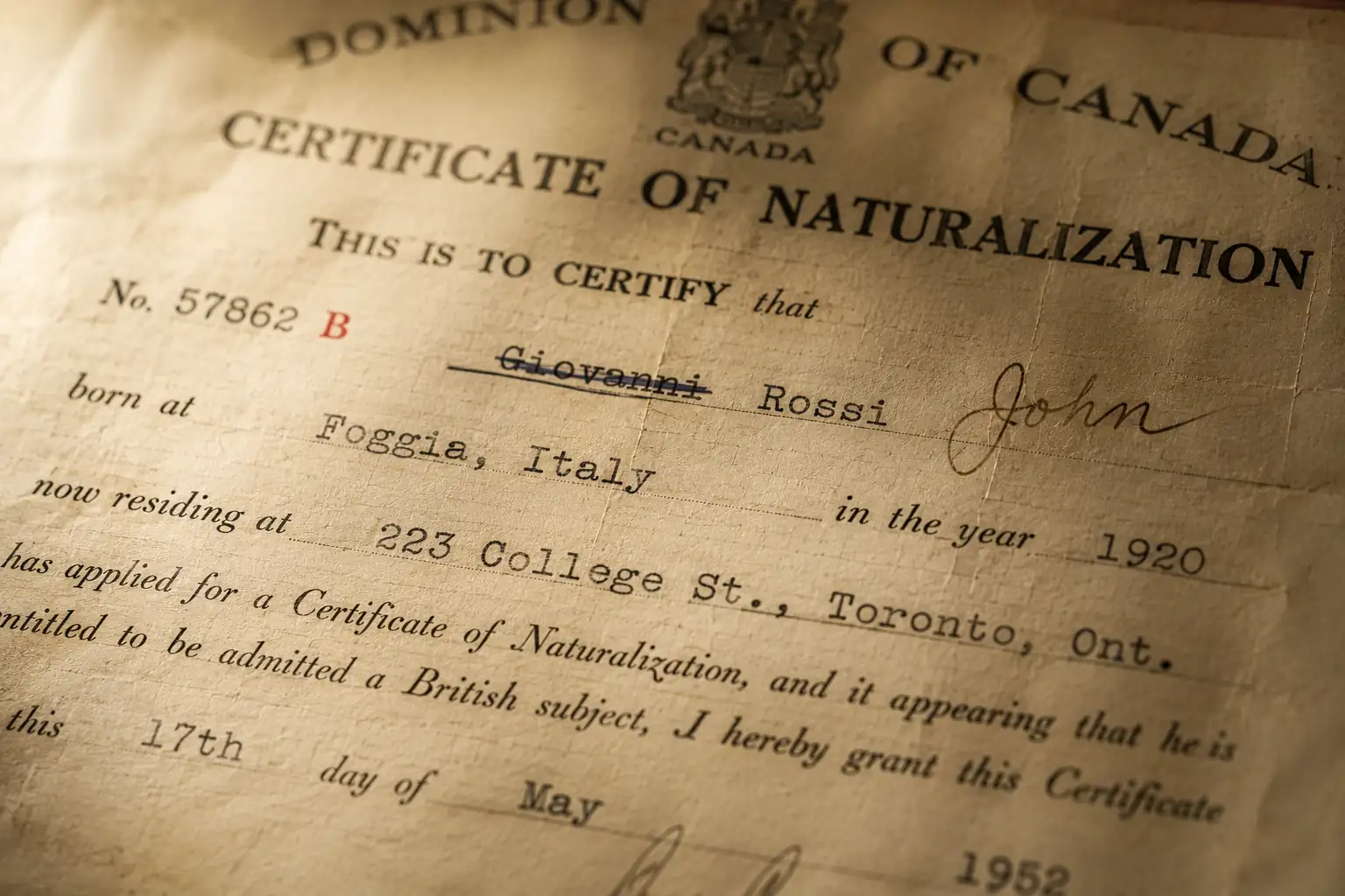Vintage Canadian naturalization document showing an Italian name being anglicized