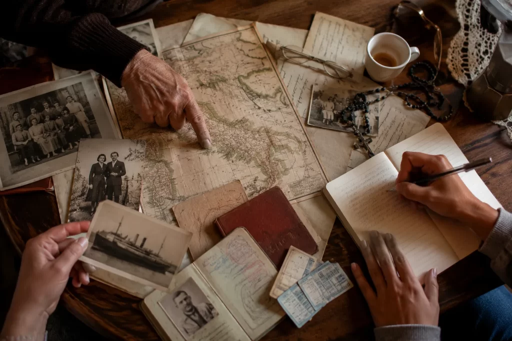 Hands tracing an Italian family hometown on a map beside old photographs and immigration documents