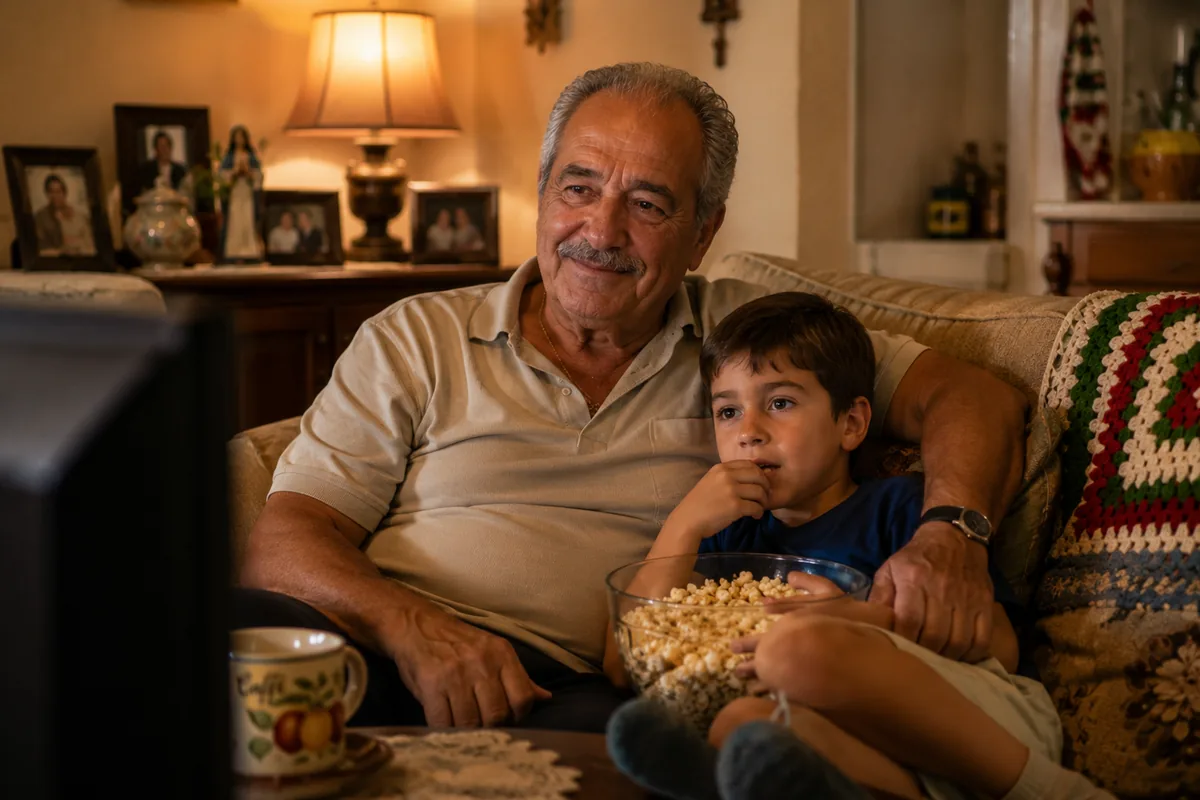 Italian grandfather watching television with his grandchild during the afternoon siesta — a daily ritual in Italian family life