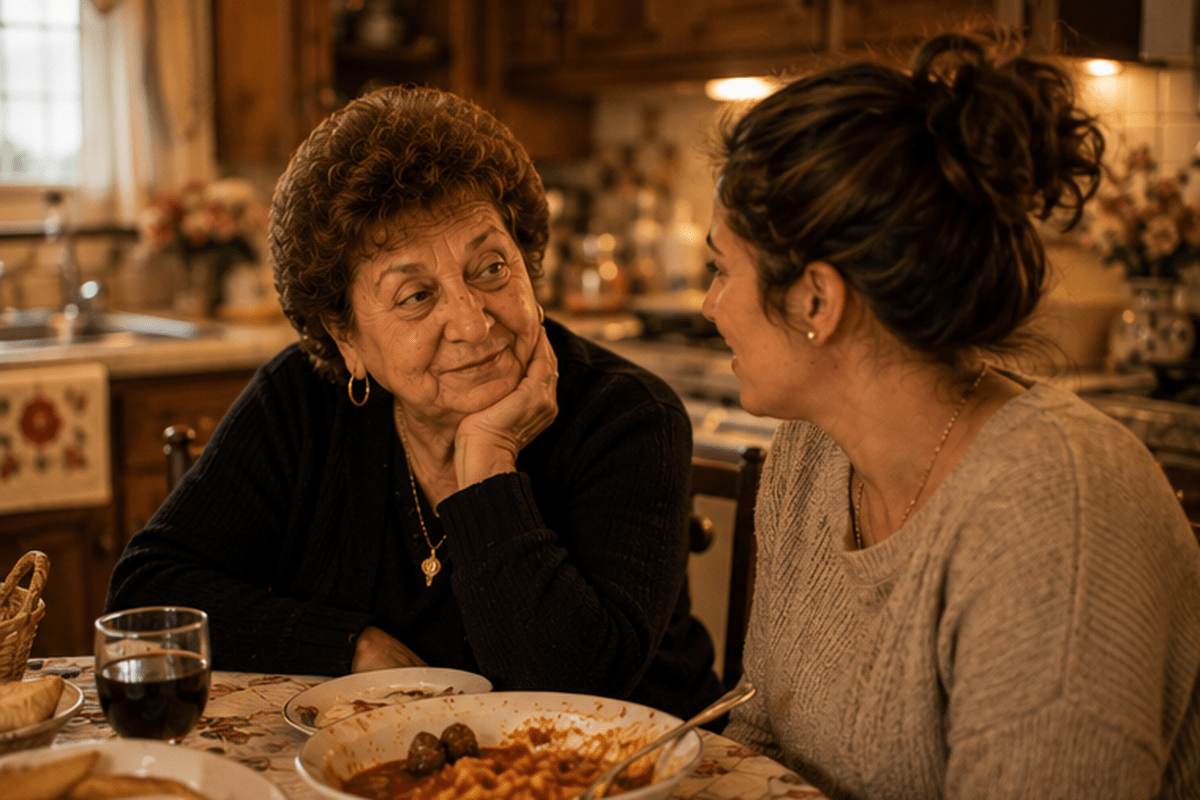 Italian grandmother looking knowingly at a younger woman at the dinner table — she already knew about the pregnancy before anyone said a word