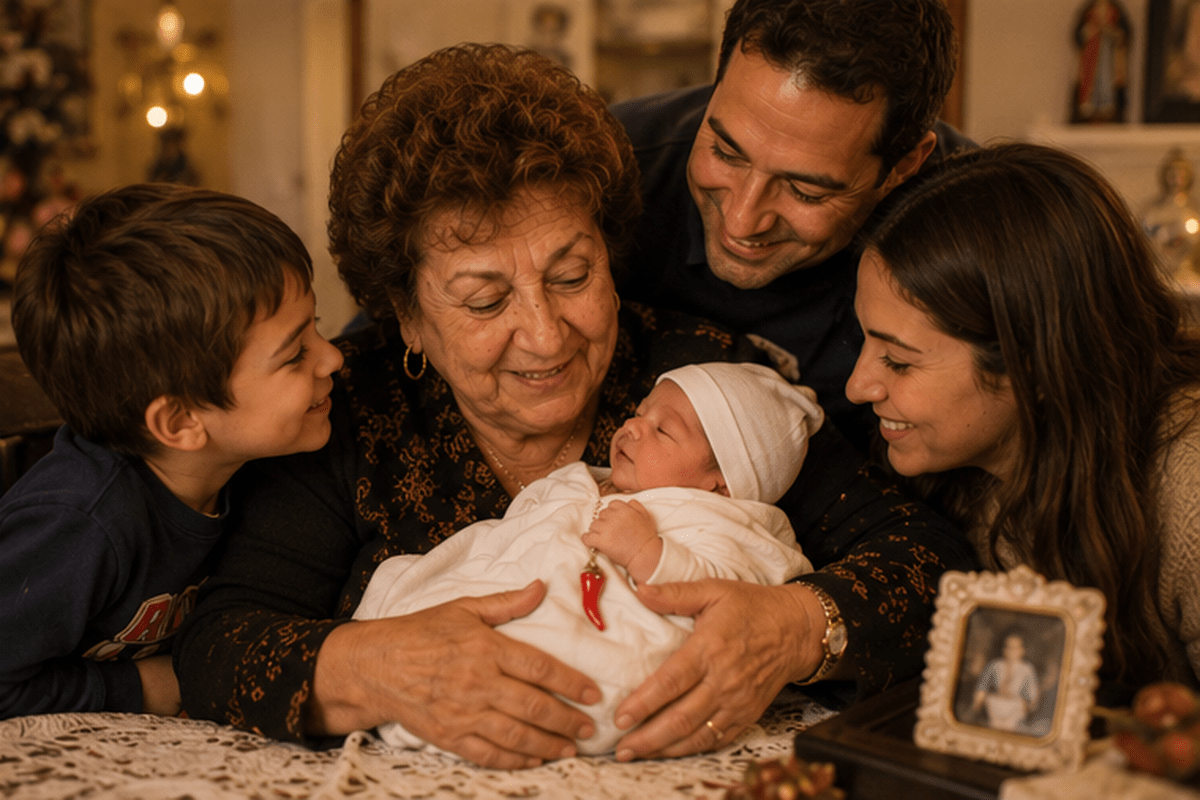Italian family gathered around a newborn with a red cornicello charm — the protective instinct that activated the moment the baby arrived