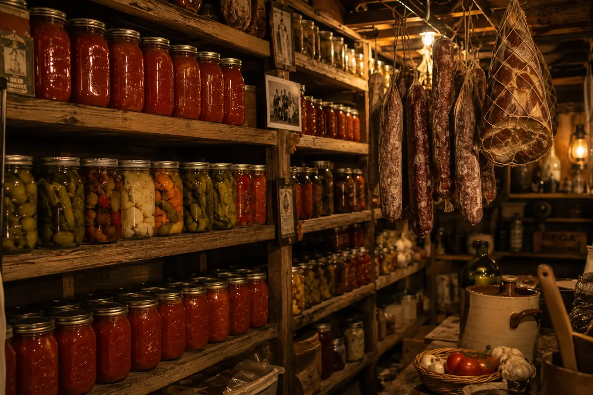 Mason jars of preserved tomatoes and vegetables on wooden shelves in an Italian-Canadian cantina — a year of food insurance built by hand