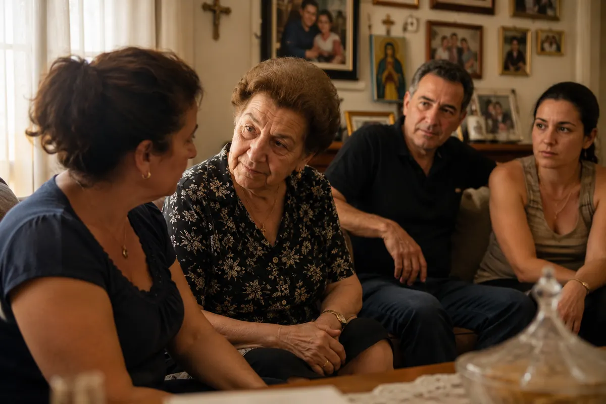 Italian family in a warm living room — the watchful atmosphere of a household shaped by invidia and the quiet guarding of good fortune