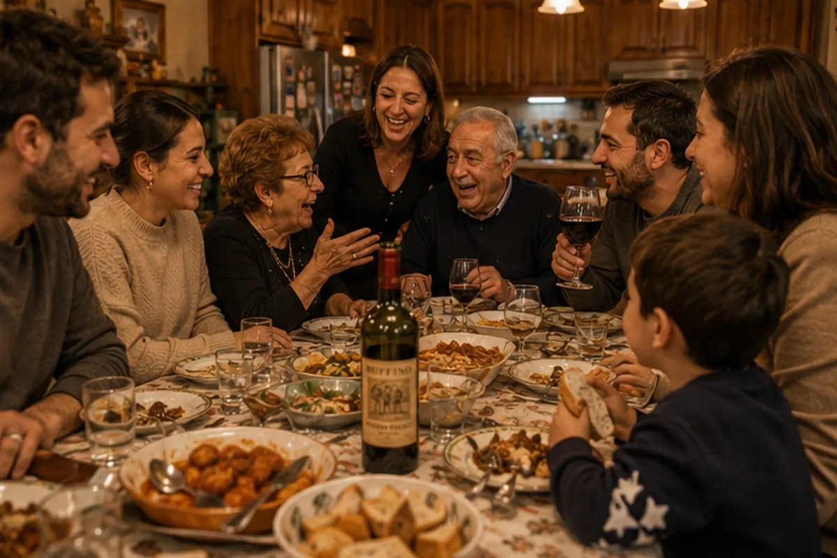 Italian family dinner with multiple generations sharing the same names — Big Joe, Little Mikey, Junior, and at least one Cheech