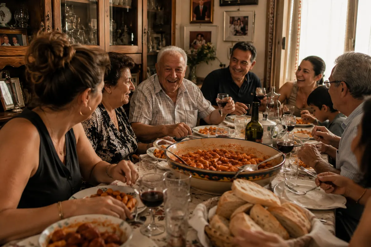 Italian family gathered around a Sunday dinner table with pasta, bread, and wine — the meal where every seat was filled and no one left early