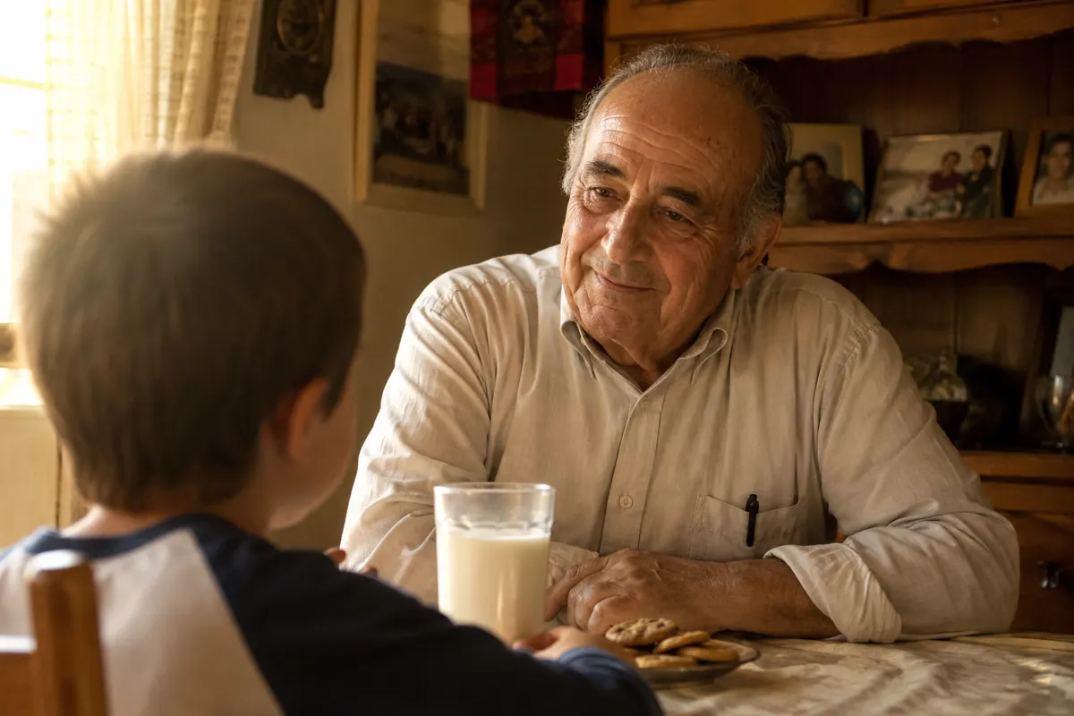 Italian grandfather sitting at a kitchen table with a glass of milk and cookies for his grandchild — the daily ritual of an Italian nonno