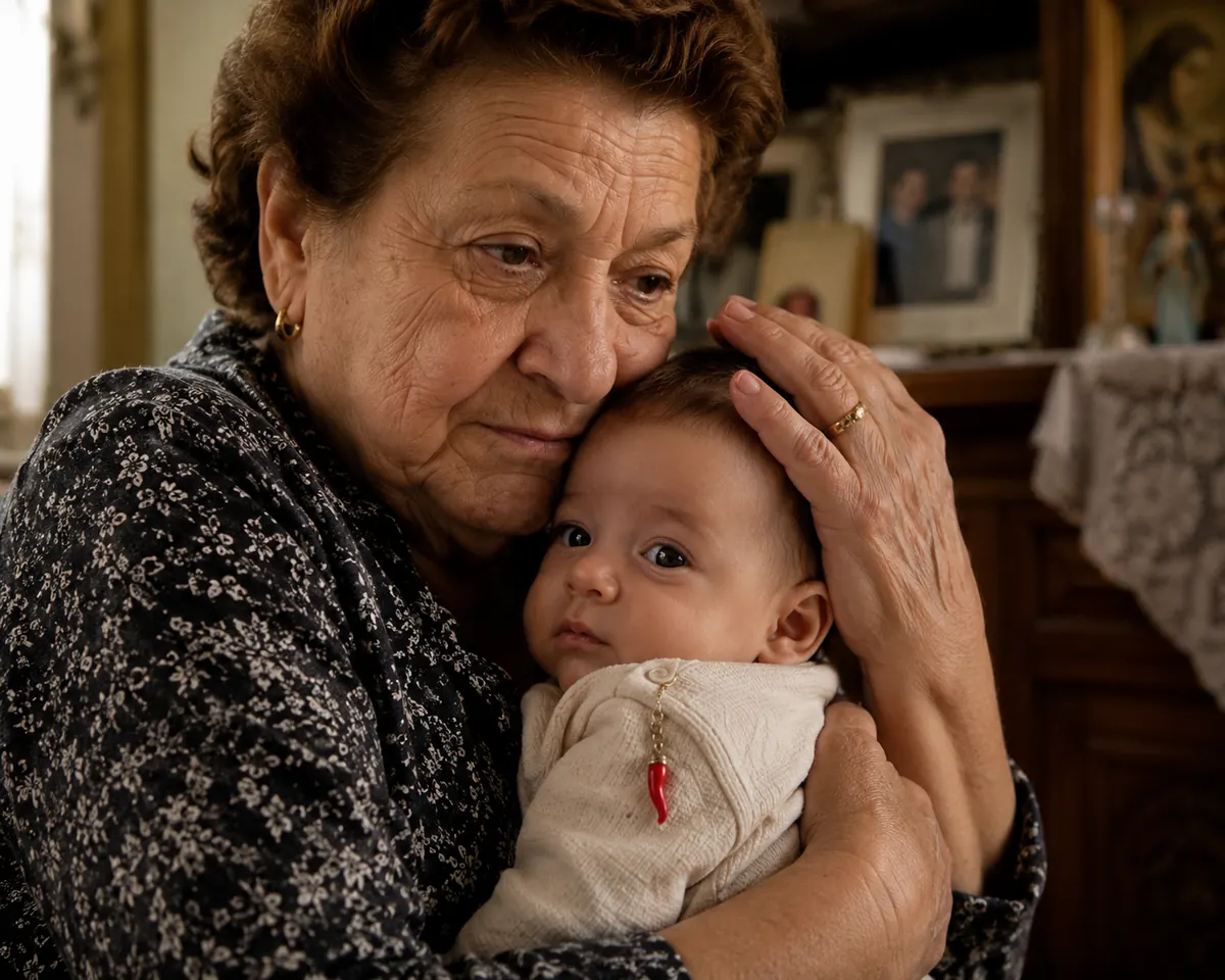 Italian grandmother holding a baby protectively with a red cornicello charm on the child's clothing — guarding against the evil eye and invidia