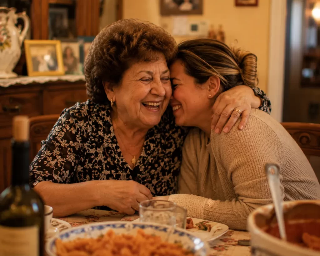 Italian grandmother embracing a family member warmly — the fierce love underneath the Italian mother-in-law's intensity