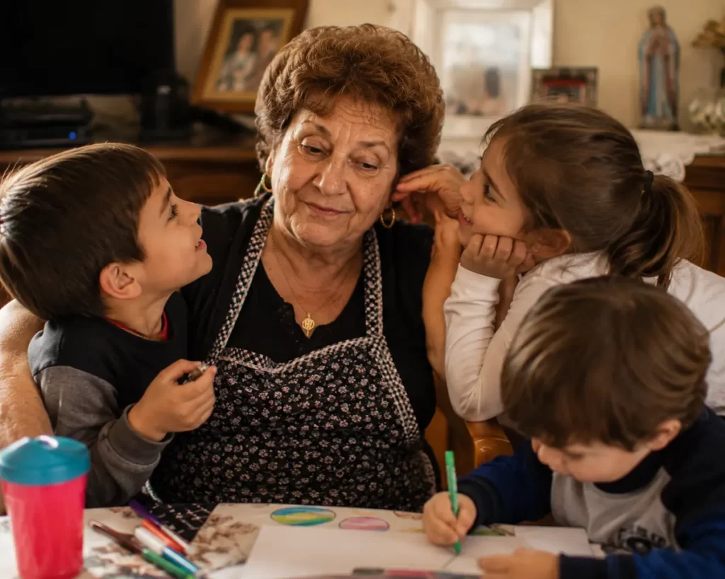 Italian grandmother with her grandchildren — patient, warm, and slightly exasperated, the real texture of la suocera's love
