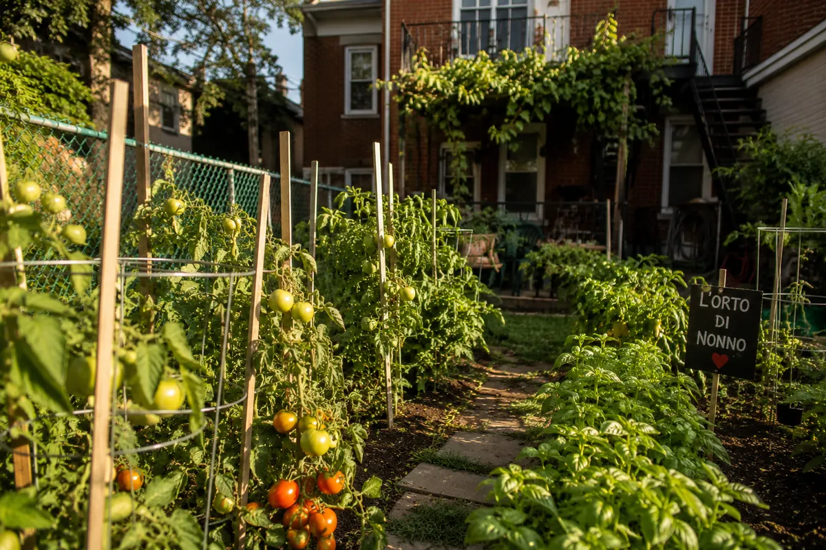 A small urban backyard vegetable garden with tomatoes and basil — an Italian immigrant family growing food far from home in Montreal
