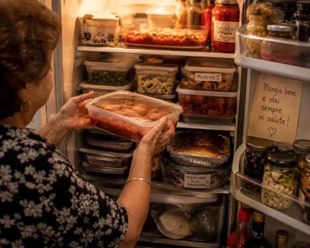 An overstuffed Italian refrigerator — the result of an Italian mother-in-law who brings food whether you need it or not