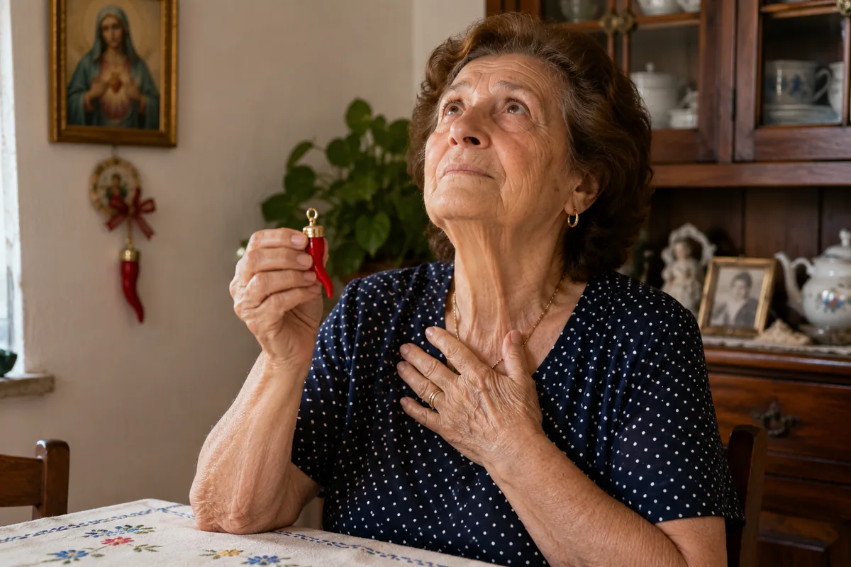 Italian grandmother holding a red cornicello horn charm for protection against the evil eye, Sacred Heart image on the wall behind her