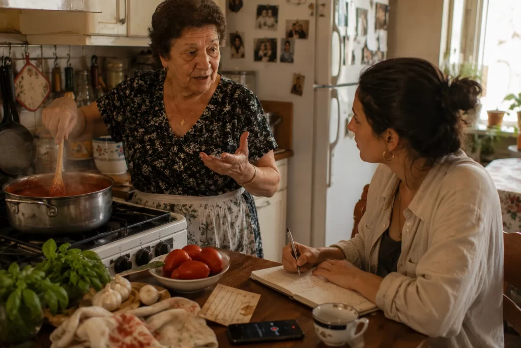 Older Italian woman cooking tomato sauce while her adult grandchild records the recipe and family memories