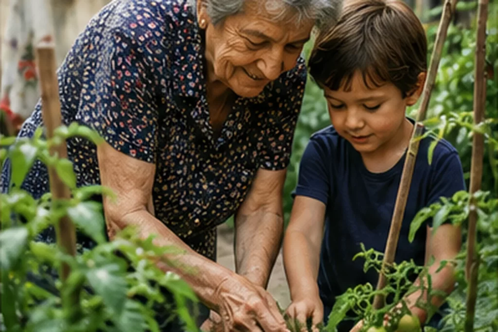 Italian grandmother gardening with her grandchild and passing down family traditions