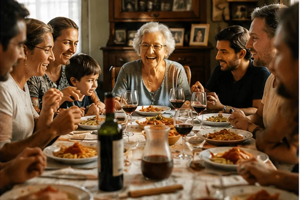 Italian family sharing a long Sunday meal with their grandmother at the centre of the table