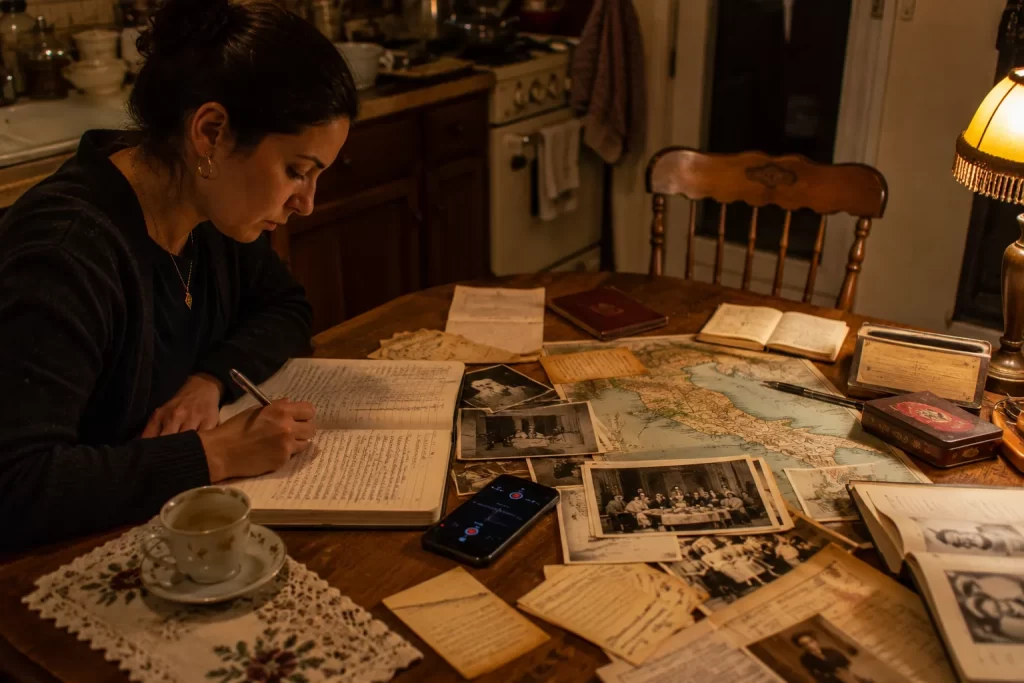 Adult family member organizing interview notes, photographs, maps, and an audio recording at a kitchen table