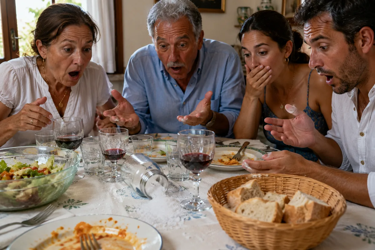 Italian family reacting with alarm to spilled salt at the dinner table, a classic sign of bad luck