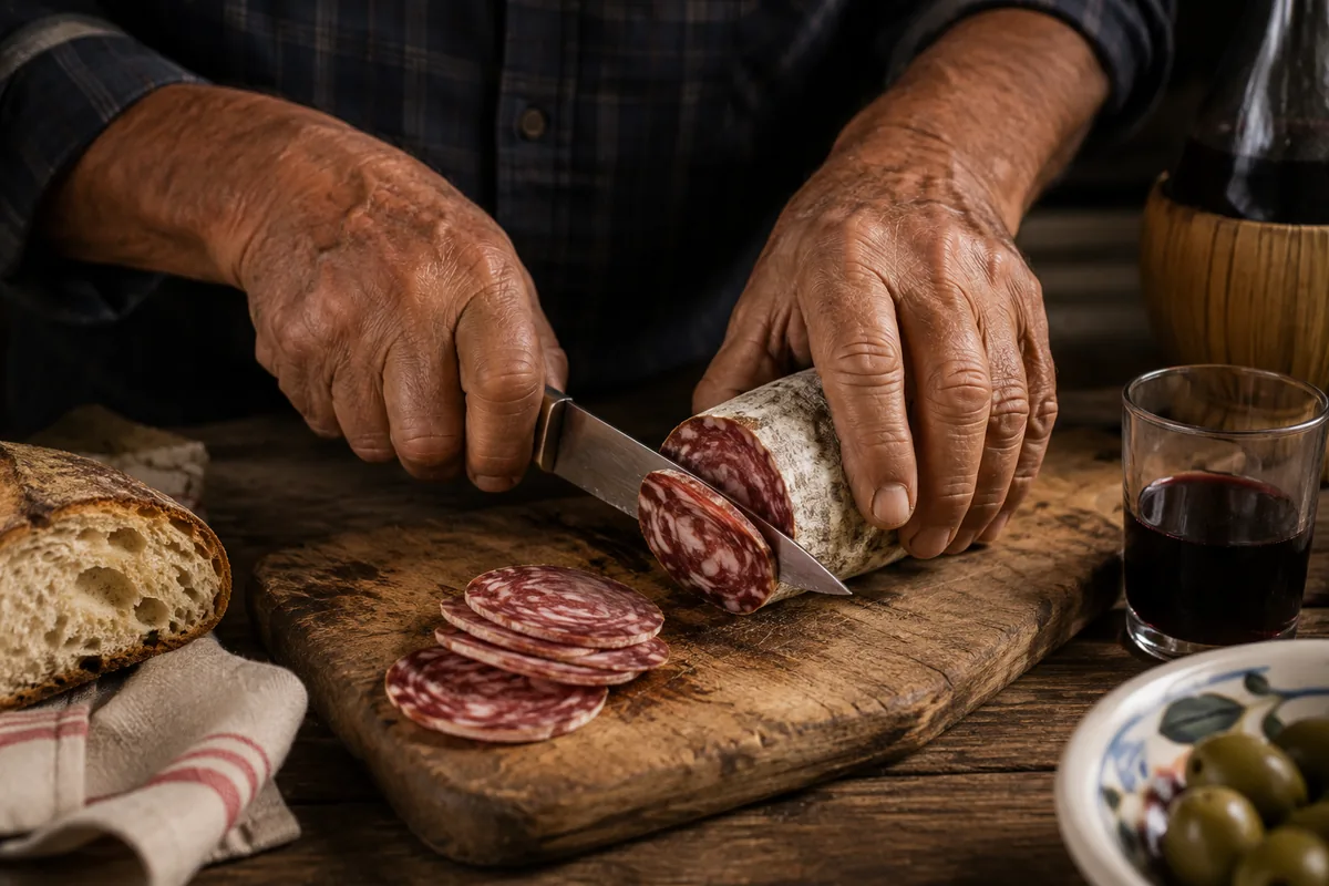 Weathered hands cutting homemade soppressata on a wooden board — an Italian nonno's lifelong craft and pride